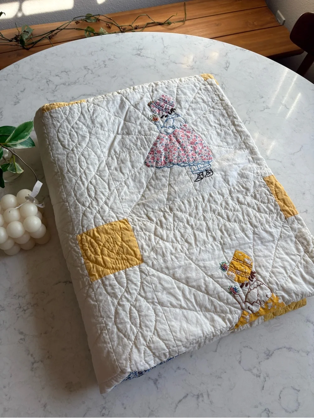 Vintage Handmade 1950s Patchwork Doll Quilt in Cream and Yellow Organic Cotton